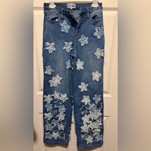 Fashion Nova Blue Distressed Star-Appliqué Wide-Leg Jeans